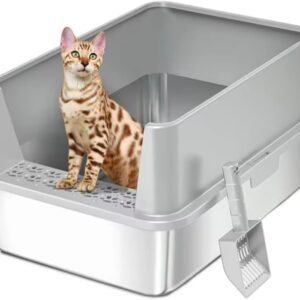 Stainless Steel Cat Litter Box with Lid, XL High Sided Enclosure, Scratch-Resistant, Odorless, Non-Sticky Metal Pan for Large & Multiple Cats, Kitty Litter Box,Includes Scoop,Caja de Arena para Gatos